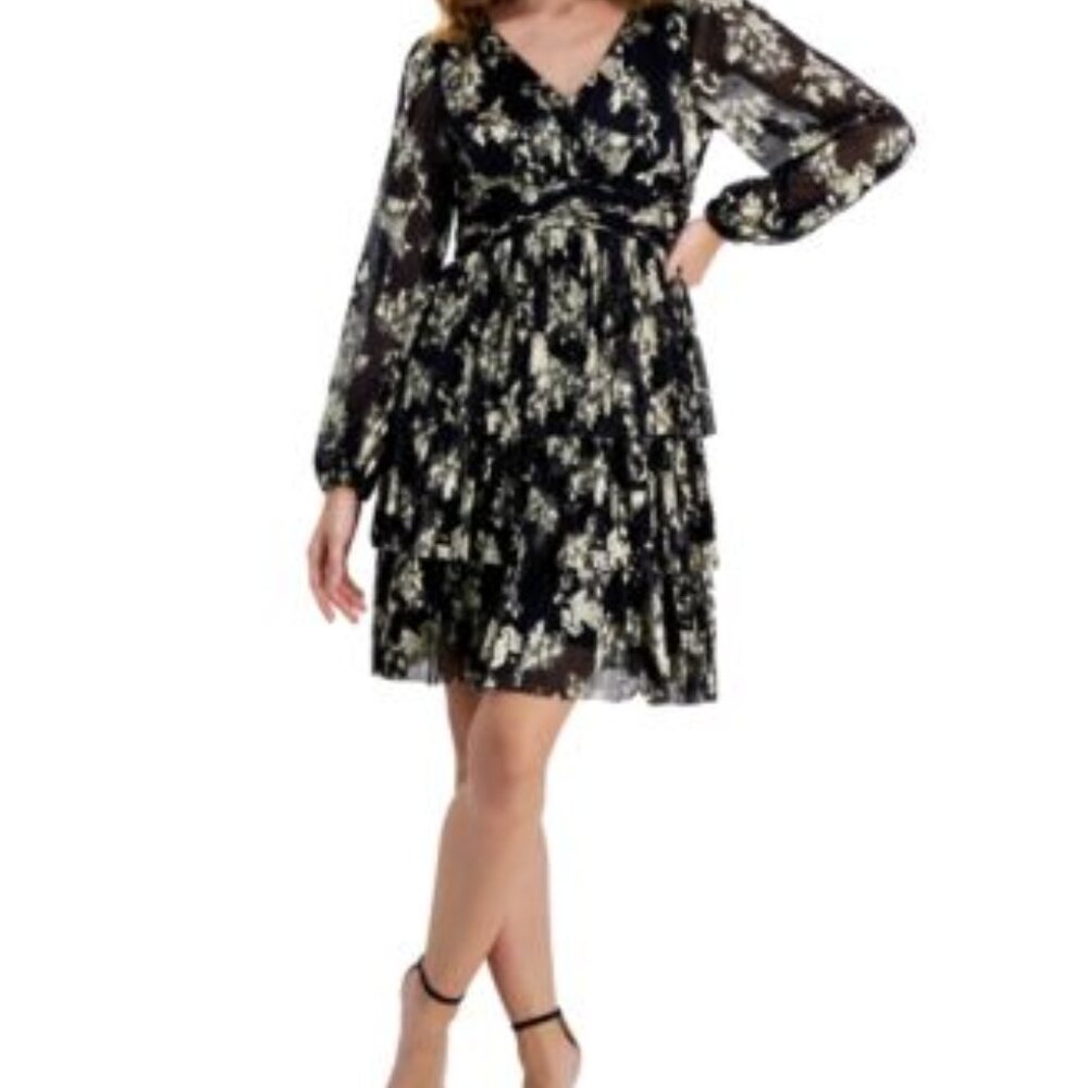 Taylor Black, Navy And Gold Long Sleeve Tiered Dress Size 16 - Picture 1 of 10
